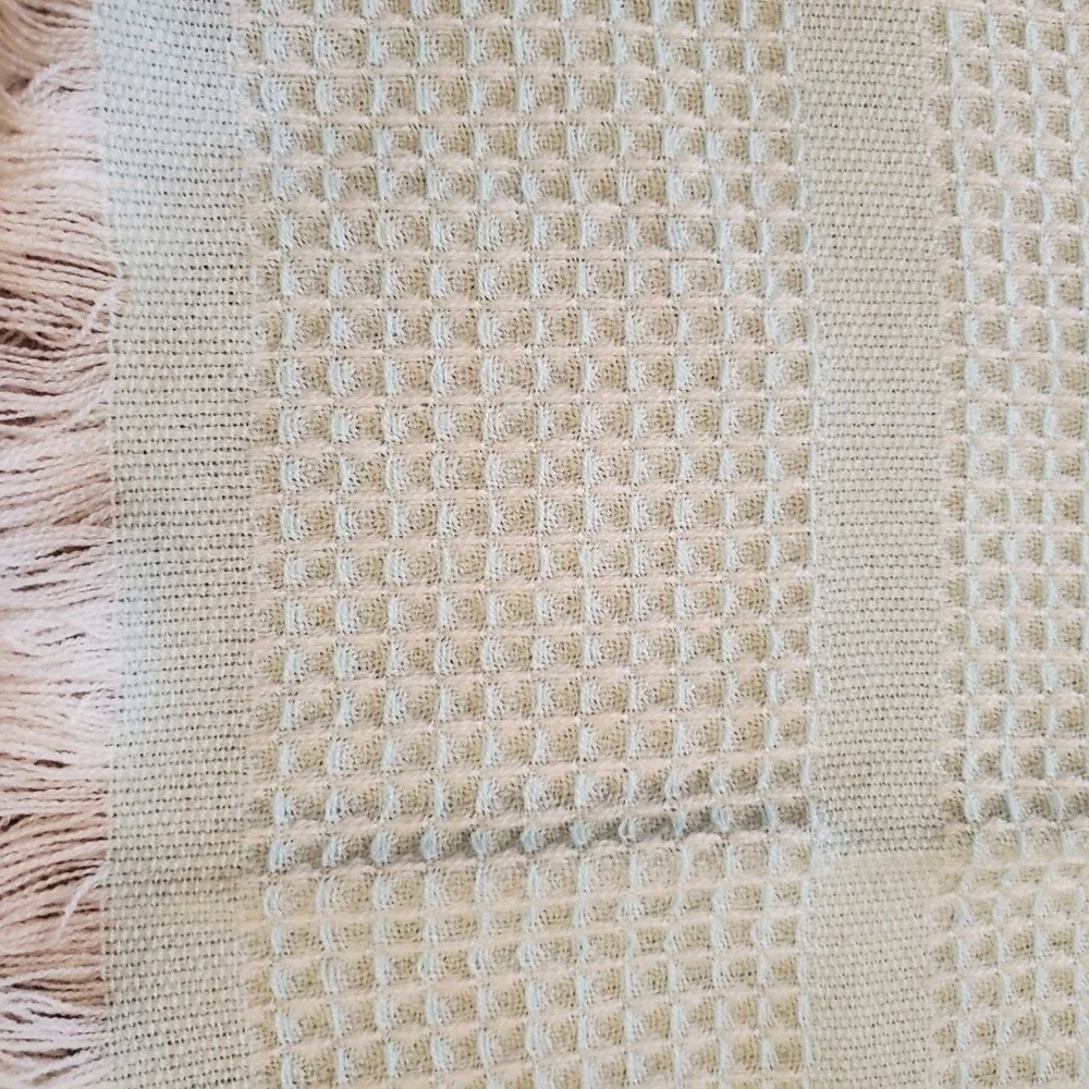 Vintage Famous-Barr Co Italy Baby Blanket Waffle Weave Fringe Blue Cream Acrylic